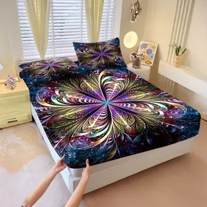 3Pcs Vibrant Floral Mandala Fitted Sheet Set, Stunning Radial Fractal Design in Teal, Purple, and Gold, Glossy Stained-Glass Effect, Perfect for a Colorful Bedroom Makeover and Cozy Sleep Experience! Includes 2 Pillowcases, No Pillow Core