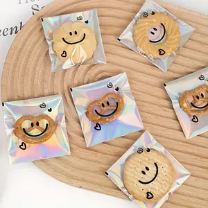 Cute Smile Face Pattern Cookie Packaging Bag, 20pcs/set Clear Laser Self Adhesive Bag, Portable Food Storage Bag for Chocolate Candy Biscuit, Party Favor Packs