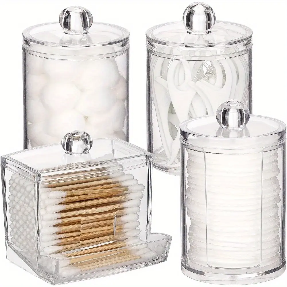 4pcs Plastic Bathroom Organizer Set Pack - Lidded Container, Toiletries Storage Bottle, Cotton Ball/Swab Dispenser, Organizer Jar Cylindrical Jars for Bathroom Organization