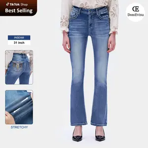DOSSEVISU High Rise Western-Chic embroidery Back Pocket Bootcut Jeans High Stretch Denim Western Wild Style Bottom Pants Swear