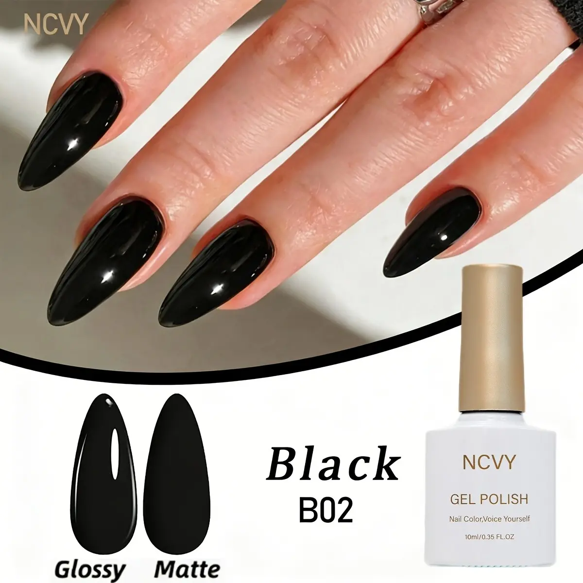 NCVY Black Gel Nail Polish, 10ml/0.35oz  Gel Polish, long-lasting durable glossy formula with LED curing, Glossy Finish, salon quality Nail Art Manicure, perfect for DIY at home, ideal gift for Valentine's Day and spring/summer, safe formula free of HEMA.