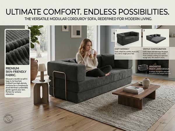 Convertible Sofa Bed with Fixed-Shape Frame & Removable Armrests, Modular Corduroy Sleeper Sofa, Folding Mattress Couch for Small Spaces - No Assembly Needed in Green (Includes 2 Pillows)