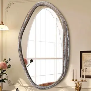 JJUUYOU Asymmetrical Mirrors Large Irregular Bathroom Wall Mirror 28"x20" Large Wooden Frame Modern Mirror Wall Mirror for Makeup Bathroom Living Room,Brow