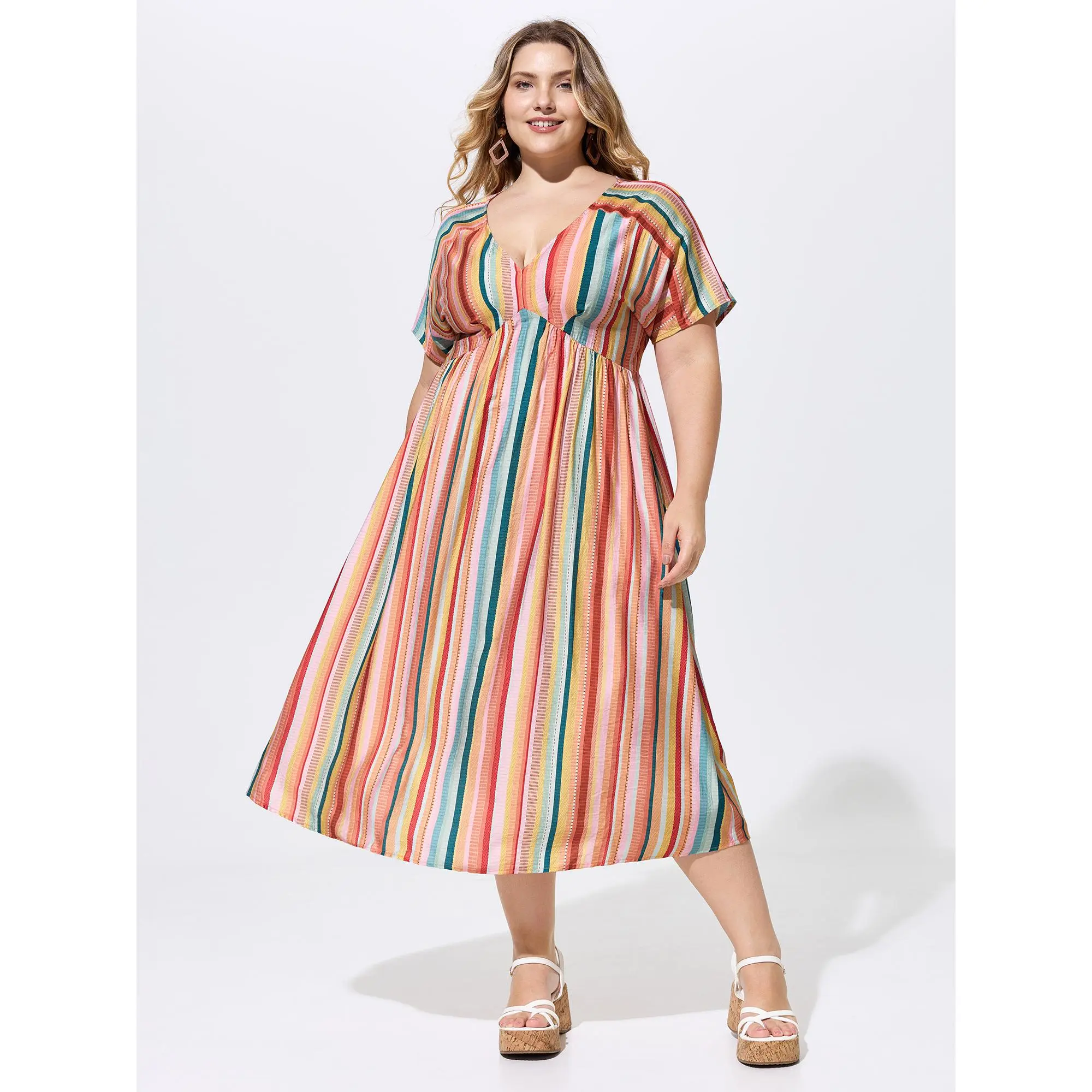 BloomChic Women's Plus Size Lady Nylon Casual Wear Boho Striped V-Neck Tunic Midi Dress - Short Dolman Sleeves, Pockets, Low Iron, Summer Finds, Short Sleeves, Rayon Blend, Pull-On, 14-16/1X, Cold Wash, Do Not Tumble Dry, Smooth, Garment, Fabric, Multicol