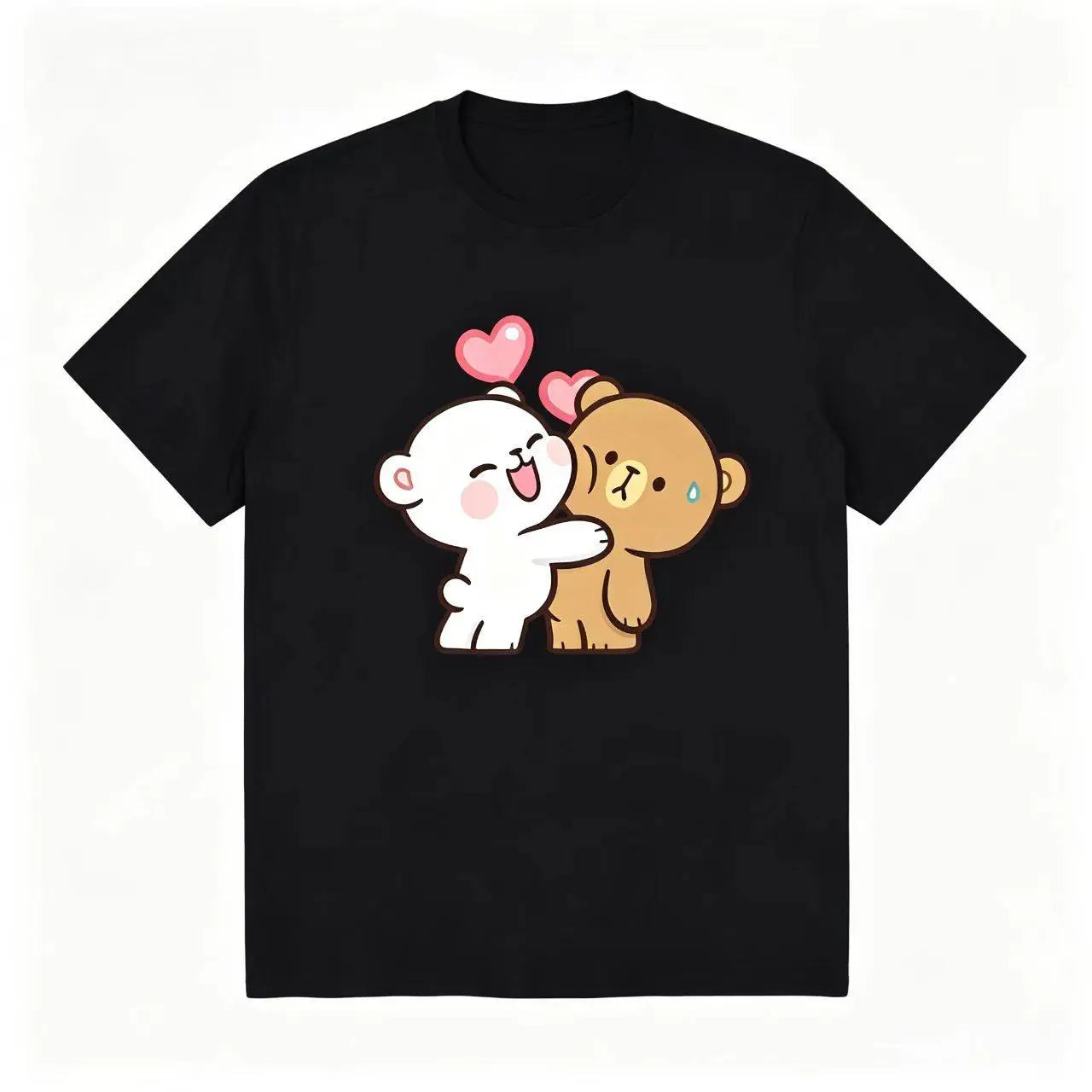 Kawaii Cartoon Graphic T-Shirt, Hugging 2 Bears With Pink Hearts Funny Shy Couple Tee (No Box Included) - Party Gift for Festive Occasions