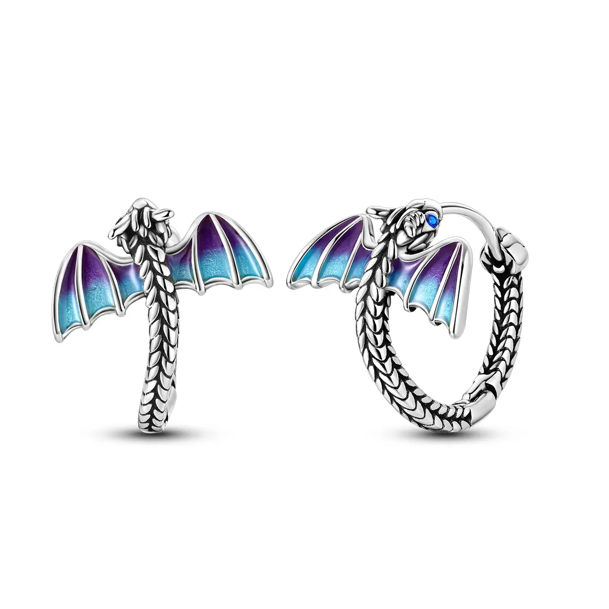 MULA Silver-Plated Dragon-Inspired Hoop Earrings - Animal-Shaped, Character-Shaped Cosplay Earrings with Gradient Enamel Wings, Sparkling Cubic Zirconia Eyes - Fantasy Lovers' Unique Accessory, Halloween Gift, Animal-Shaped Earrings