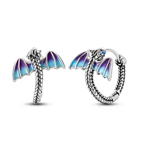 MULA 925 Silver-plated fire dragon hoop earrings with colorful gradient enamel wings design, a fantastic gothic jewelry gift for women and girls, suitable for Halloween, cosplay, parties and special occasions
