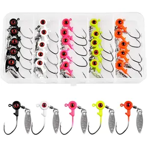 Crappie Jig Heads Fishing Hooks Kit,25pcs Underspin Lures Jig  with Spinner  Eye Ball Painted Fishing Jigs for Bass Trout Saltwater Freshwater 1/16oz 1/8oz 3/16oz