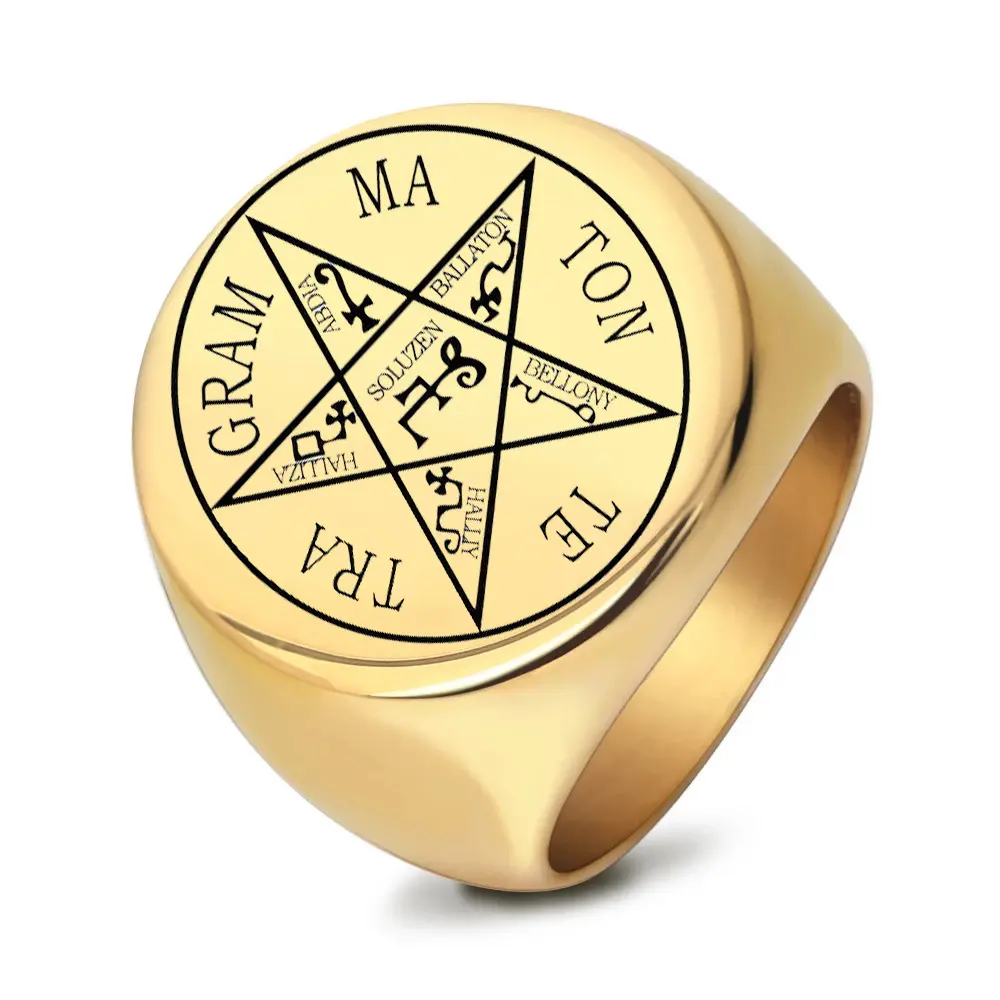 Pentacle Signet Ring for Women & Men - Gold Waterproof Gothic Style Witchcraft Ring, Chunky Occult Collectibles Vintage Costume Jewelry