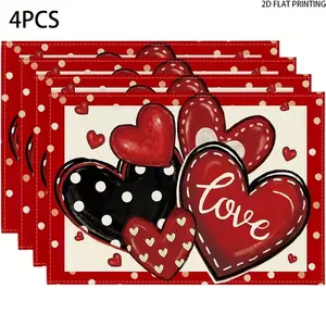 2D flat printing, 2-piece/4-piece/6-piece/8-piece set Valentine's Day polka dot love meal mat, red love meal mat decoration, suitable for commemorative day couple gifts, wedding party table decoration mat