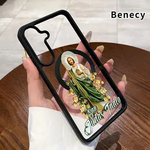 Magnetic Phone Case Supports Wireless Charging  Compatible With Samsung Galaxy S23 Ultra S24 Plus FE S25 S22+ Jesus Yellow Rose Pattern Non-Yellowing Shockproof Clear Slim Protective Softcase Transparent Acrylic Cover