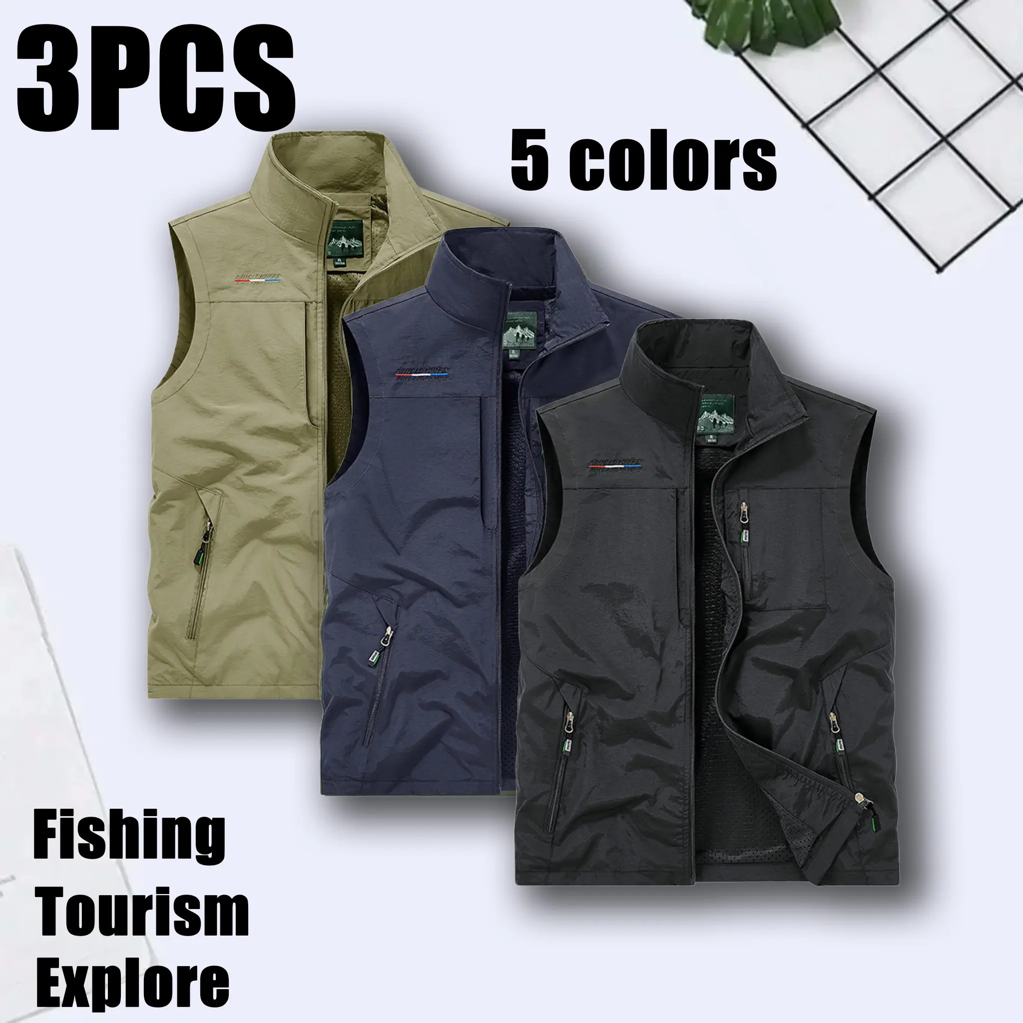 3-piece set of new men’s multi-pocket vests – ideal for outdoor fishing, and versatile workwear suitable for all seasons; suitable for summer wear. Available in various colors, men’s vests/vest-style shirts, solid-colored zippered vests.