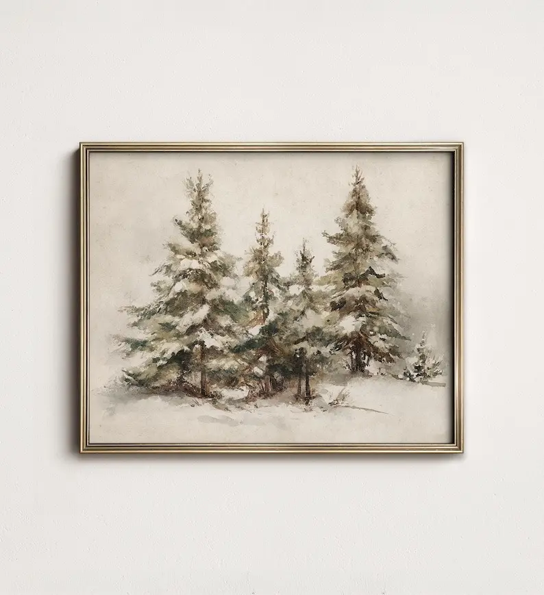 Xmas Poster | Rustic Holiday Landscape Painting | Winter Pine Tree Watercolor Print