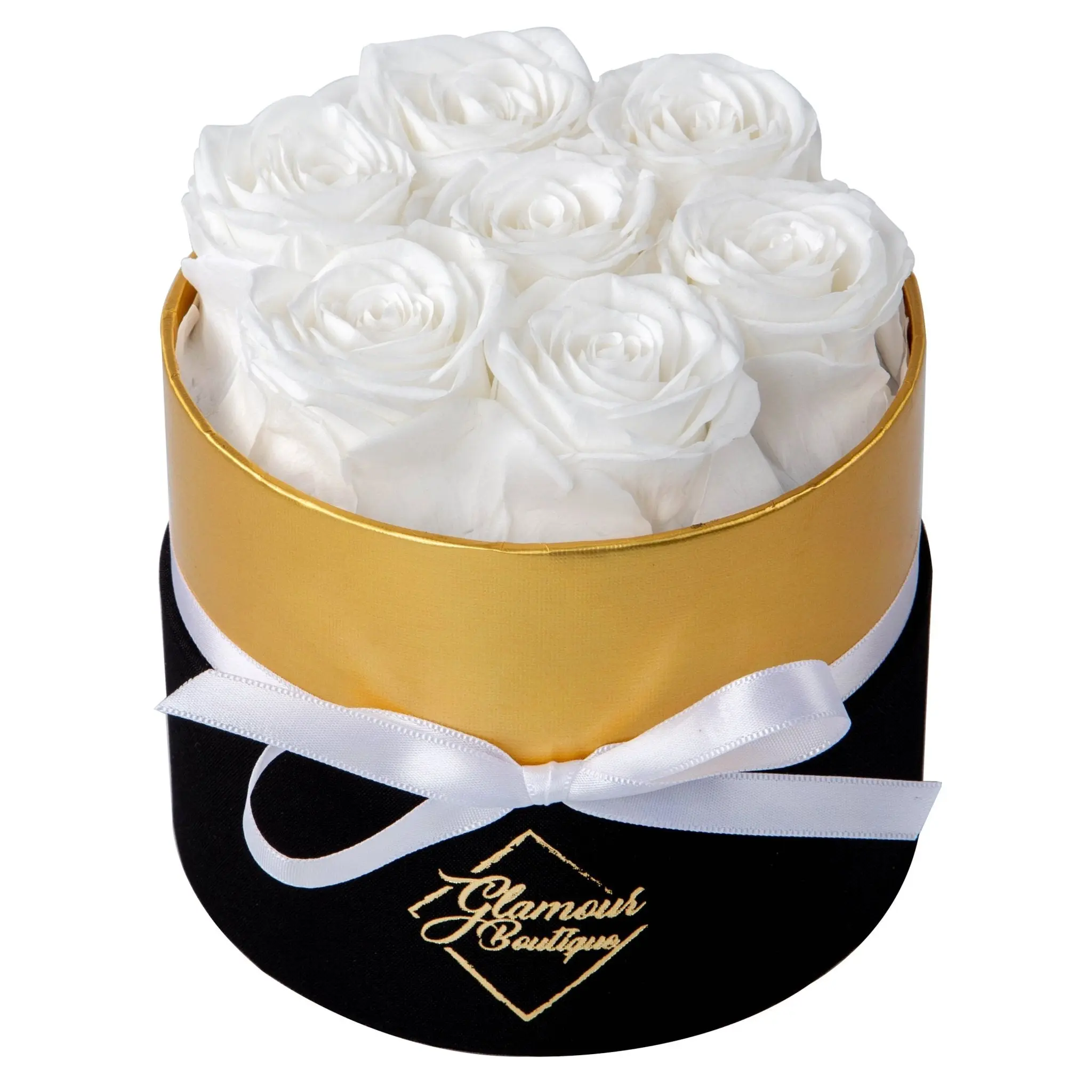 GLAMOUR BOUTIQUE Lasting Beauty Round Black Gold Box, 7 White Roses Eternal Flower Arrangement for Home Decor, Eternal Flowers
