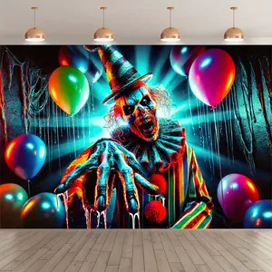 1pc 8x6ft Zombie Clown Polyester Photography Backdrop - Horror Movie Scene with Blood Splatter, Balloons & Creepy Atmosphere, Perfect for Halloween, Birthday Parties, Indoor/Outdoor Decor, Studio Props, Halloween Decorations