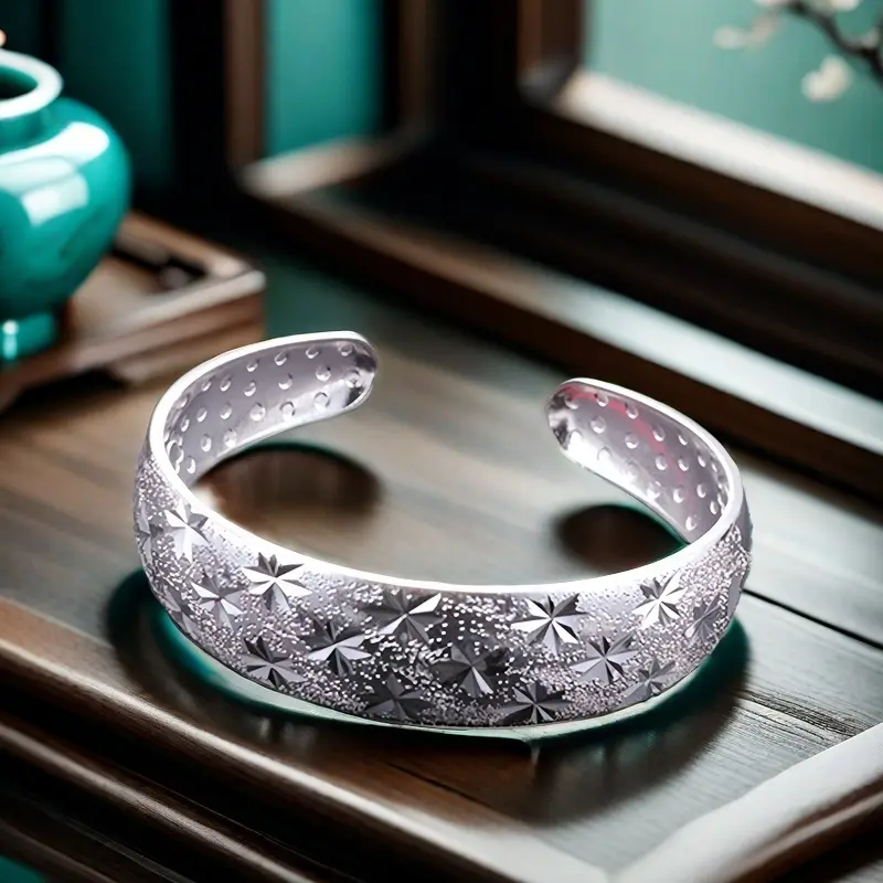 Full Silver s999 bracelet Sterling Silver bracelet Ladies Open bracelet Mother style Adjustable size for mother's birthday gift Silver weight 32g / 1.12oz