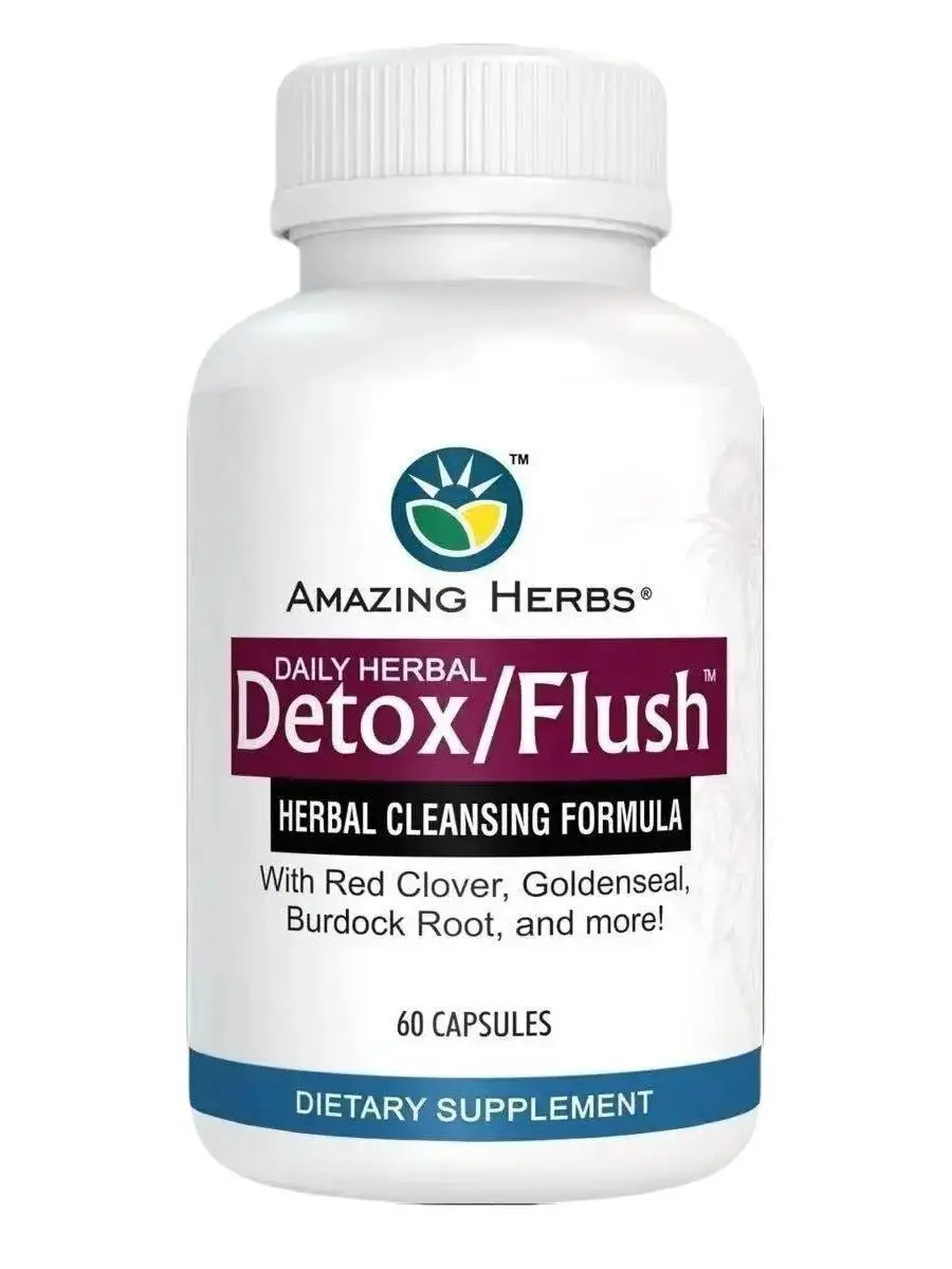 Amazing Herbs Detox Flush Detoxifier 60 Capsules Natural Herbal Cleansing Formula with Goldenseal Red Clover & Burdock Root for Toxin Elimination & Digestion Support