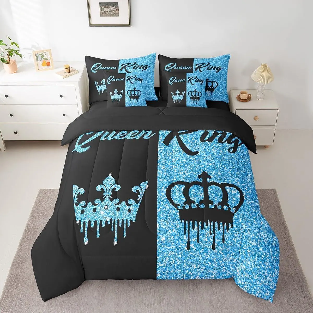 Black and Blue Crown and Bedding Set for Adults Couple Men Women,Valentine's Day Wedding Gifts,Bed in a Bag Bedroom Decor(No Glitter) Bed Sets