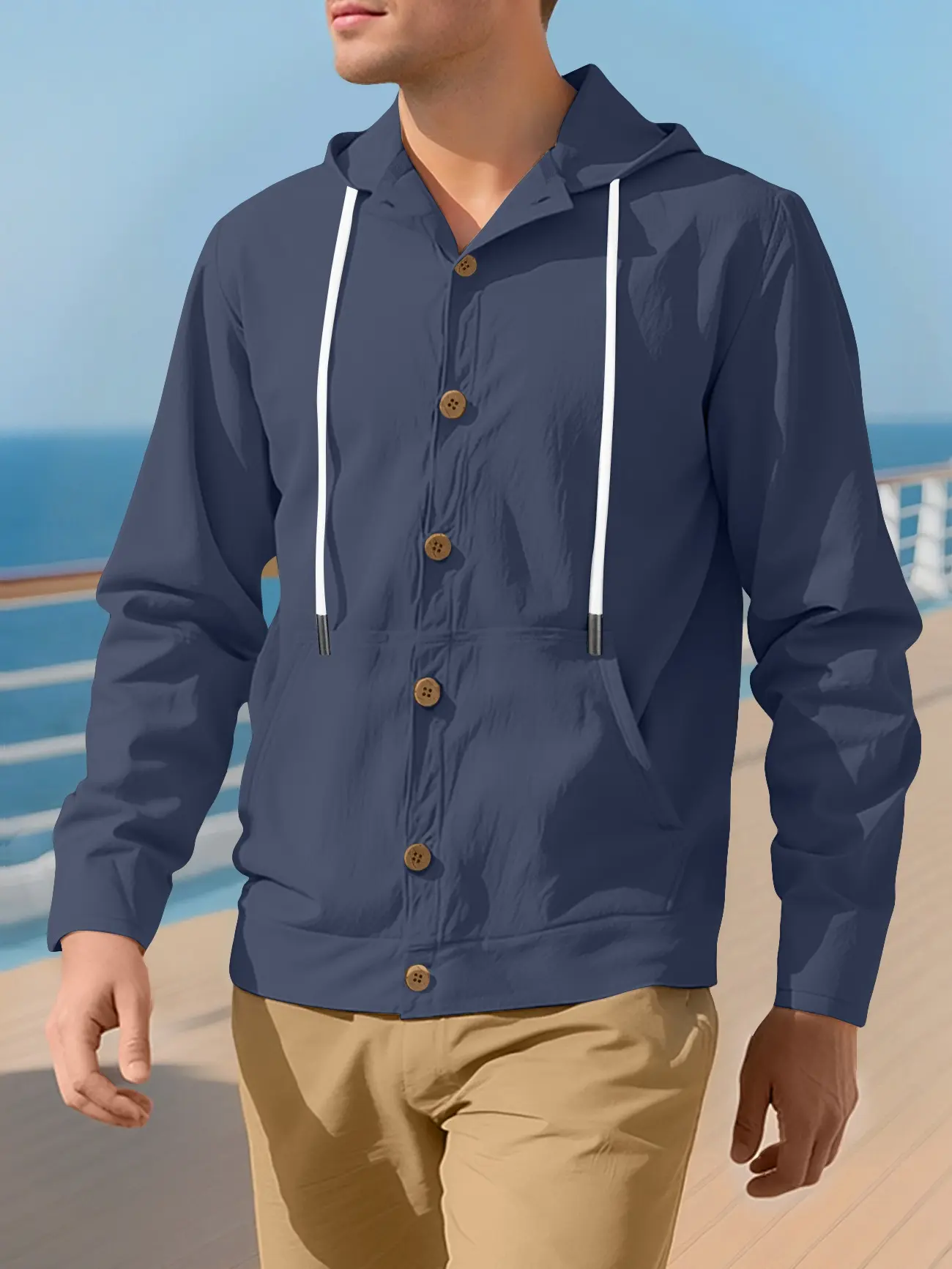 Vacation Style Men Linen Hooded Sweatshirt Button Up Long Sleeve Pullover Adjustable Drawstring Hood Solid Color Multiple Options Soft Airy Fabric Suitable For Seaside Travel Friend Gatherings And Warm Season Daily Activities