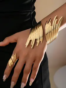 Women's Fashion Winged Bracelet & Ring Set, Trendy Jewelry Set, Textured Design, Perfect for Daily Wear or Street Style, 2-Piece Jewelry Collection