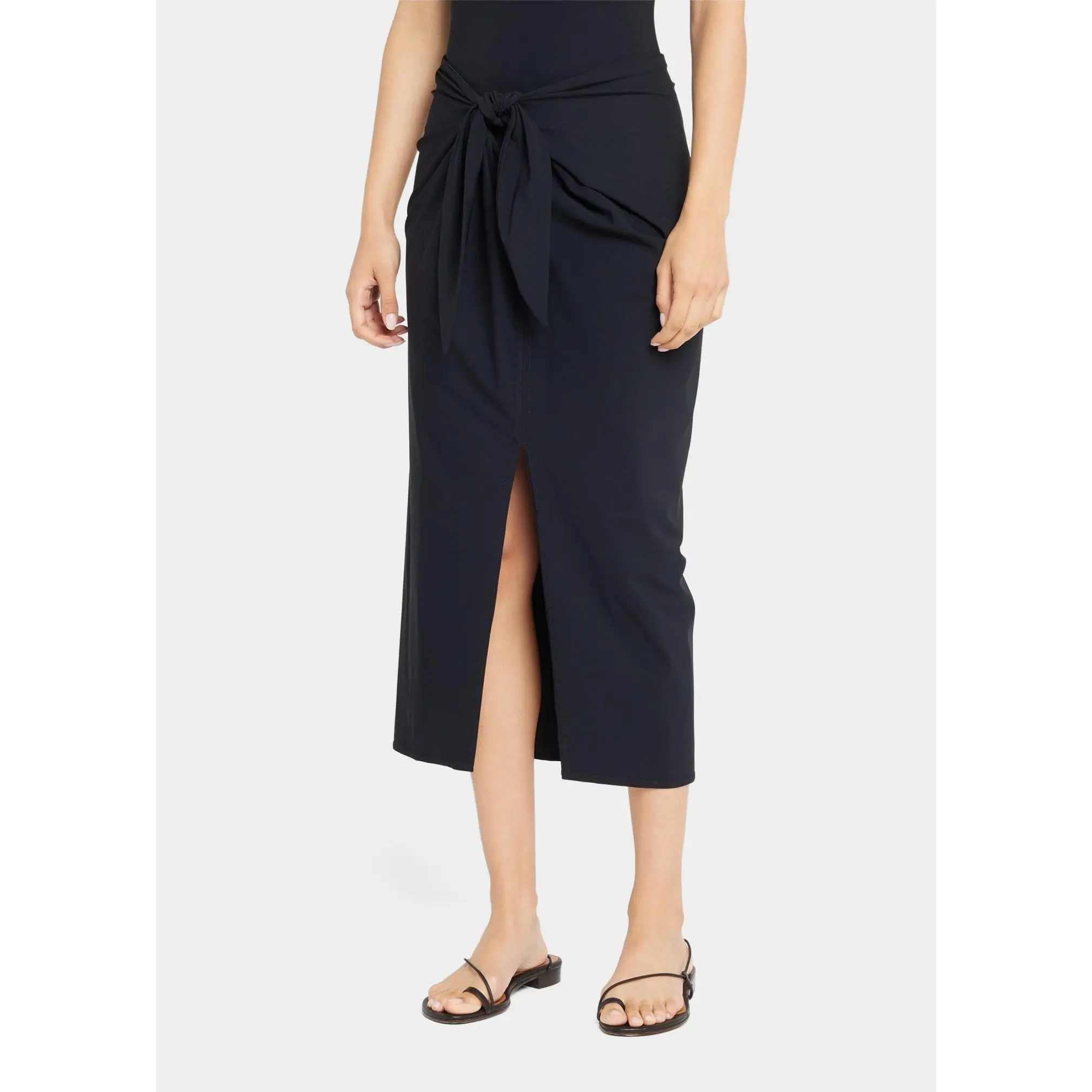 Women's Chic Plain Nylon Lycra Elastane Blend Beach Sarong Cover-Up Skirt - Tied Waist, Fitted Bottom, Front Slit, Flattering Cut, Hand Wash Only
