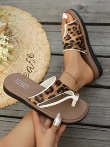 Women's Leopard Print PU Leather Sandals, Thick Sole Eva Anti-Slip Casual Shoes, Fashionable Street Style Slip-Ons