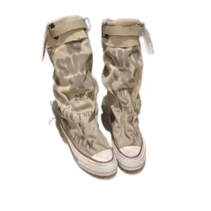 Autumn Winter Fashion Trendy Womens Graffiti High Top Sneakers Canvas Shoes Women's Wide Barrel Mid Trouser Barrel Boots Vintage Canvas Stacking Boots Footwear