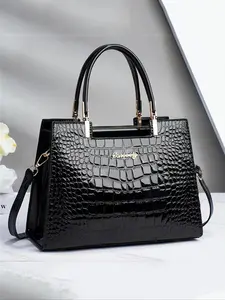Fashionable Temperament Metal Letter Label Decoration Handbag As Summer Outfits 2024, Simple Plain Pu Leather Crocodile Pattern Texture Zipper Shoulder Bag, Fashion Elegant Handbag, Holiday Gift for Women, High Capacity Handbag