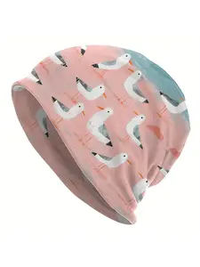 Fashionable Seagull Print Knit Beanie - 95% Polyester 5% Elastane, Stretchable Skull Cap, Hip Hop Style Unisex Hipster Hat
