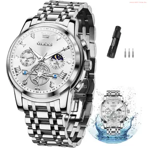 Fashion Brand OLEVS Men Silver Watches,Men's Stainless Steel Chronograph Watch,Man Analog Quartz Big Face Male Watches Luxury Waterproof Roman Numeral Dress Diamond Relojes para Hombre