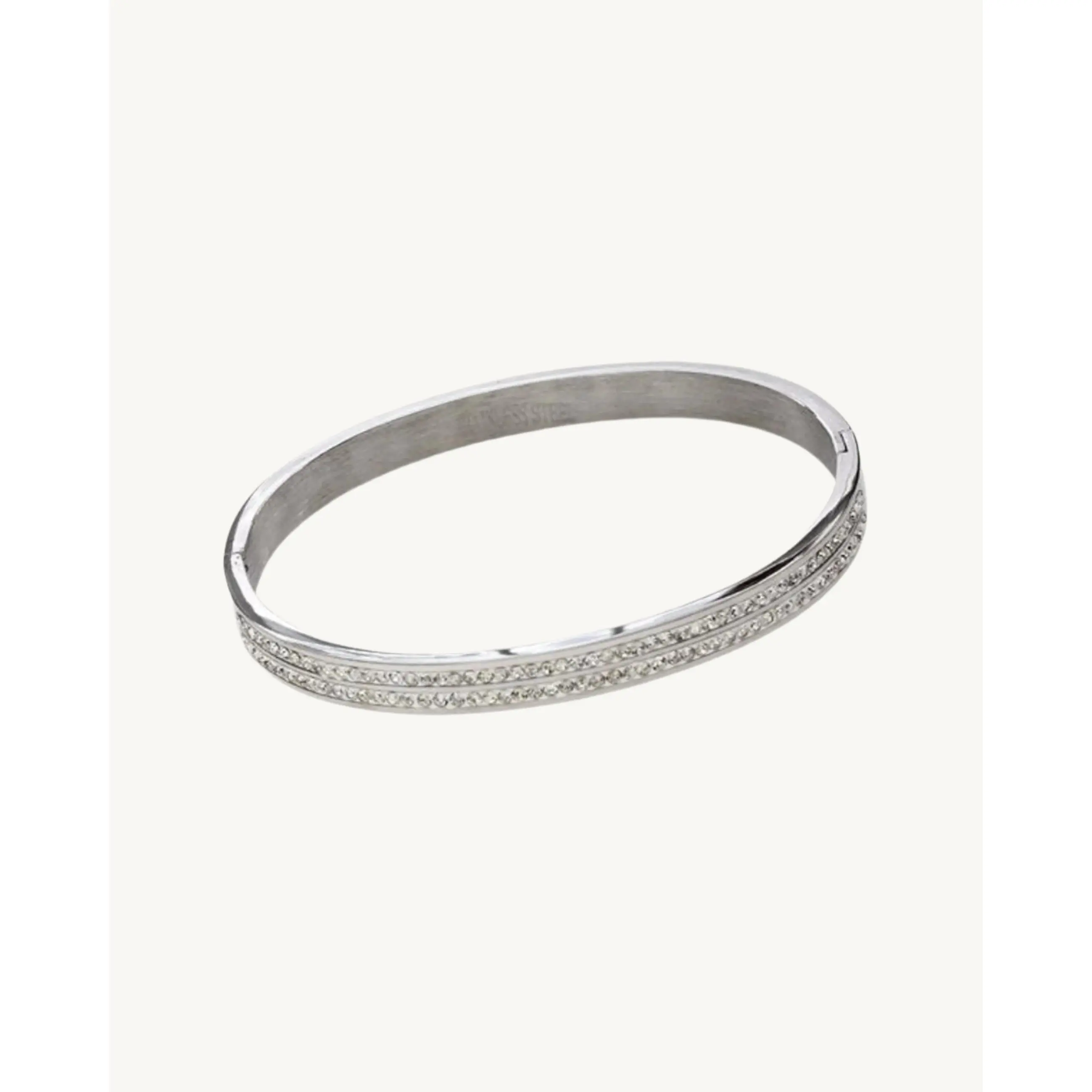 AVELI Silver Tone Stainless Steel Bangle with Two Rows of Round Channel Set Zirconia Stones