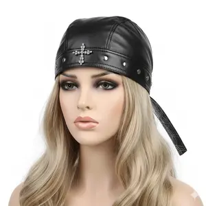 Punk Gothic Sull Cross Embellished Black Leather Head Wrap with Studs, Adjustable Tie Back Women's Headwear
