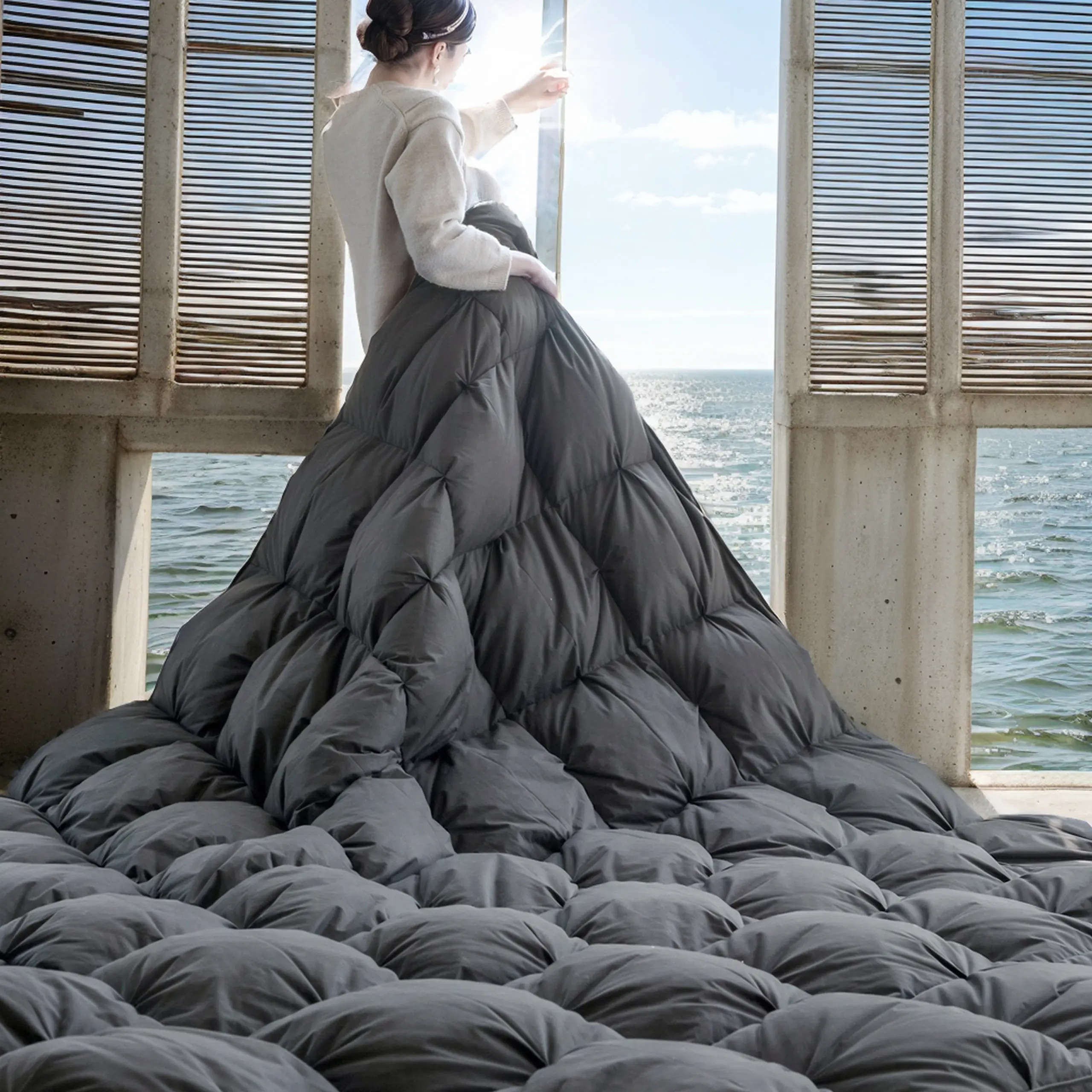 Grey Pinch Pleat Goose Down Feathers Comforter Twin/Queen/King/Cal King/Pal King Size All Season-Ultra Soft and Cozy Noiseless Duvet Insert with 100% Egyptian Cotton Cover, Fluffy Warm Comforter Insert