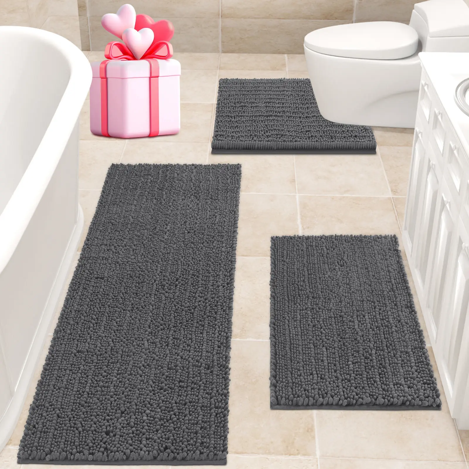 ACCUMTEK Upgrade Extra Large Bathroom Rug Set 3 Pieces Ultra Soft, Thick Absorbent Bath Mats, Non Slip Chenille Toilet Mat for Bathroom, Bedroom, Kitc