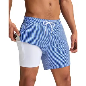 Mens Swim Trunks with Compression Liner 5 Inch, Quick Dry Bathing Suit with Zipper Pockets, No-Chafing Swim Shorts