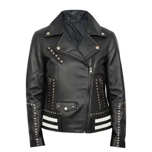 Women’s Black Studded Leather Biker Jacket Motorcycle Punk Rock Moto Coat