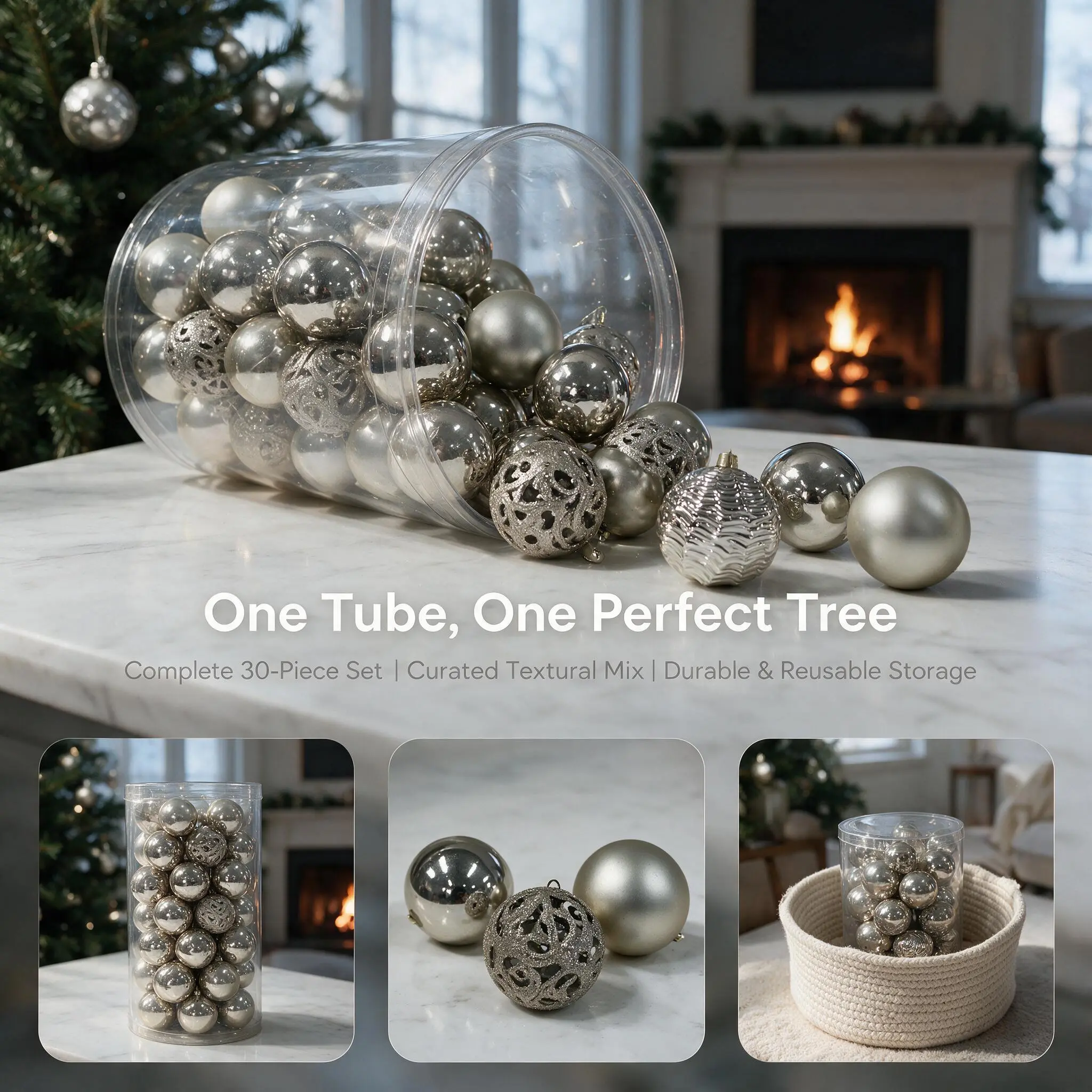 Shatterproof Silver  Baubles Set - 30-Piece 8cm Hanging Tree Ornaments with Mixed Finishes (Shiny, Matte, Glitter, Textured) for Xmas Holiday Home  colorful christmas decor tablescape