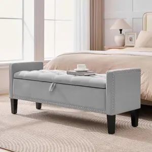 Storage Ottoman Bench, Velvet Upholstered Footstool for Bedroom and Living Room, Tufted Seat with Storage, Wooden Legs & Metal Rivets