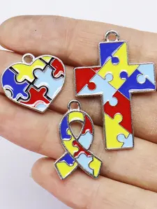 5-Piece Autism Awareness Puzzle Charm Set, Enamel Heart Cross Ribbon Pendant, DIY Jewelry Making, Diy With Charms, Colorful Accessories, DIY Jewelry Decoration