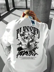 Men's Letter Dove Animal Print Casual Round Neck Short Sleeve T-Shirt, Summer Outdoor Sports Tee, Fitted H-Type Long Sleeves, Menswear