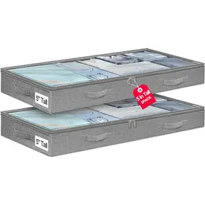 5 Inches High Low Profile Under Bed Storage Containers, No-Structure Soft Fabric Zippered Underbed Storage Bins for Clothes Blankets, Fits Under Crib, Couch or Dorm Bed, 2-Pack Grey