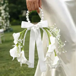 White Calla Lily Baby's Breath Wrist Corsage, Bridal Handheld Hoop Bouquet With Pearl Handle, Minimalist Wedding Floral Decor For Bridesmaids Elopement