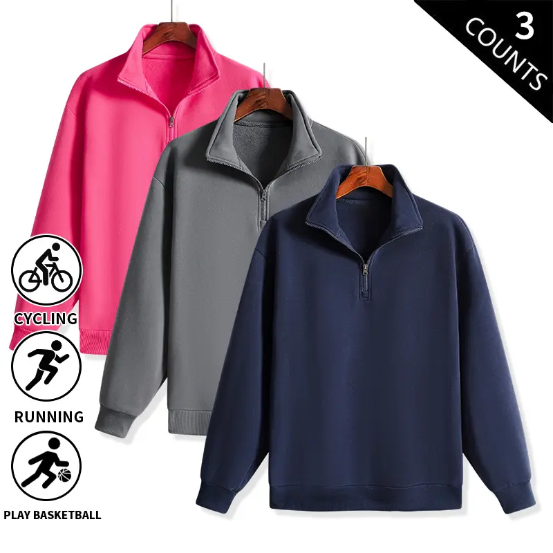 3-Pack Men’s Quarter-Zip Pullover Sweatshirts, Solid Color Long Sleeve Stand Collar Half-Zip Sweat Tops, Soft Loose Fit Casual Sweatshirts, Breathable Athletic Sweaters