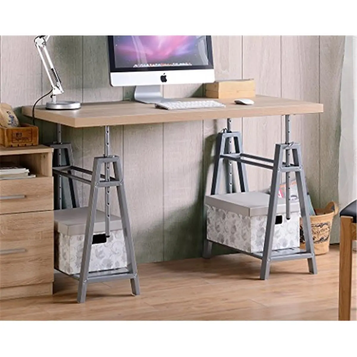 212 MAIN Adjustable Height Rectangular Top Writing Desk - Cross Hatch Birch Laminate, Sturdy Metal A-Frame Base, Multiple Heights for Office/Commercial Use