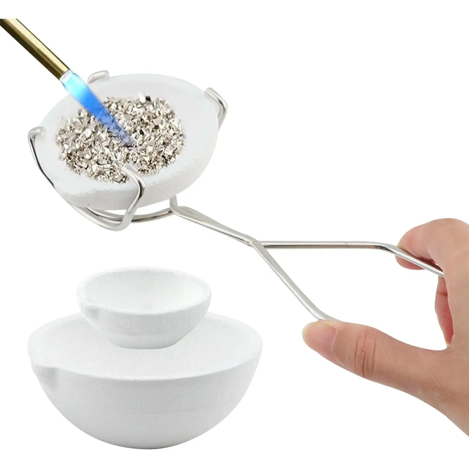 3-Piece 250g Stainless Steel Whip Tongs & 3 Crucible Bowls Set - 100g 26.5cm Thermal Metal Tool, 5.2x4.5x2.1cm Round Quartz Ceramic Crucibles for Blacksmiths, Jewelers Alloy Refining, Soldering Equipment Accessory