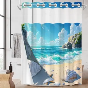 1PC/4PCS 2D Flat Printing Blue and White Fresh Beach with Shells and Starfish Patterned shower curtain, home shower curtain set with 12 hooks, non-slip bathroom rug, U-shaped toilet seat cover, toilet seat mat, Bathroom Decoration Accessories