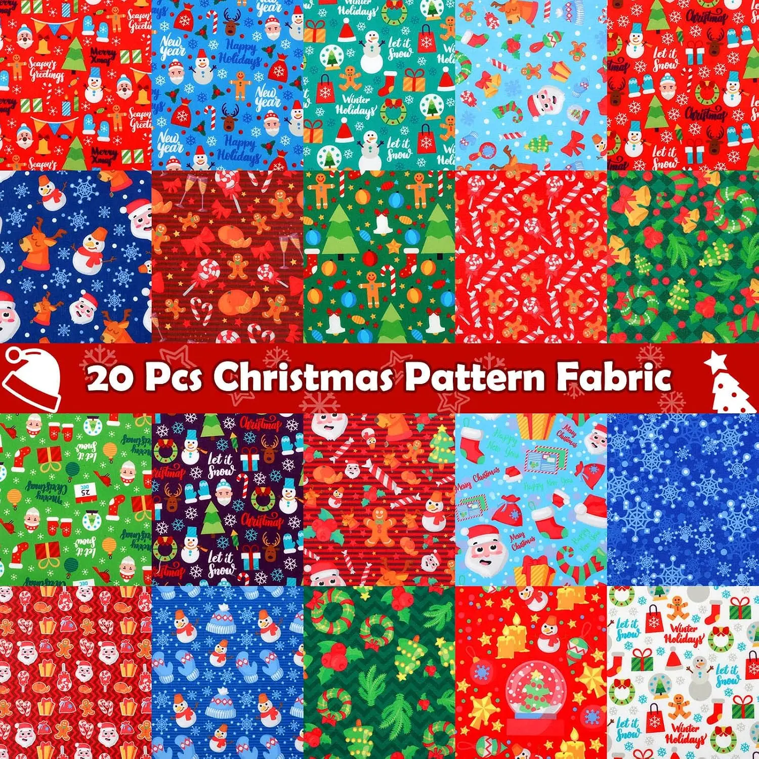 20 Pieces Christmas Fabric Fat Quarters Christmas Fabric Bundles 10 x 10 Inch Precut Squares Xmas Tree Snowflake Printed Scraps for Dress Apron DIY Crafts, Multi-Color