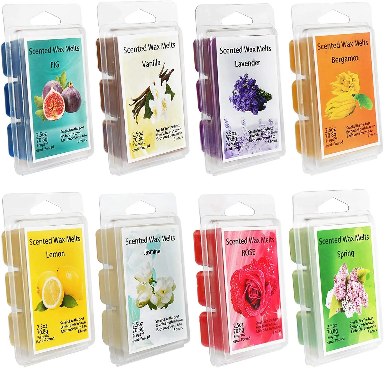 Scented Wax Melts -Set of 8 (2.5 oz) Assorted Wax Warmer Cubes/Tarts - Jasmine, Rose, Bergamot, Fig, Vanilla, Lemon, Spring, Lavender