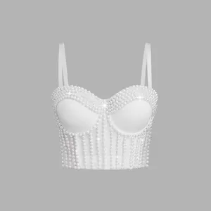 Quality Pearl Tank Tube Halter Tops Lady Rhinestones Charming Bustier Colorful Acrylic Stone Nightclub Party Sexy Female Camis Weighted Vests Women Elevated Going Out Corset Crop Top Spaghetti Strap Sleeveless