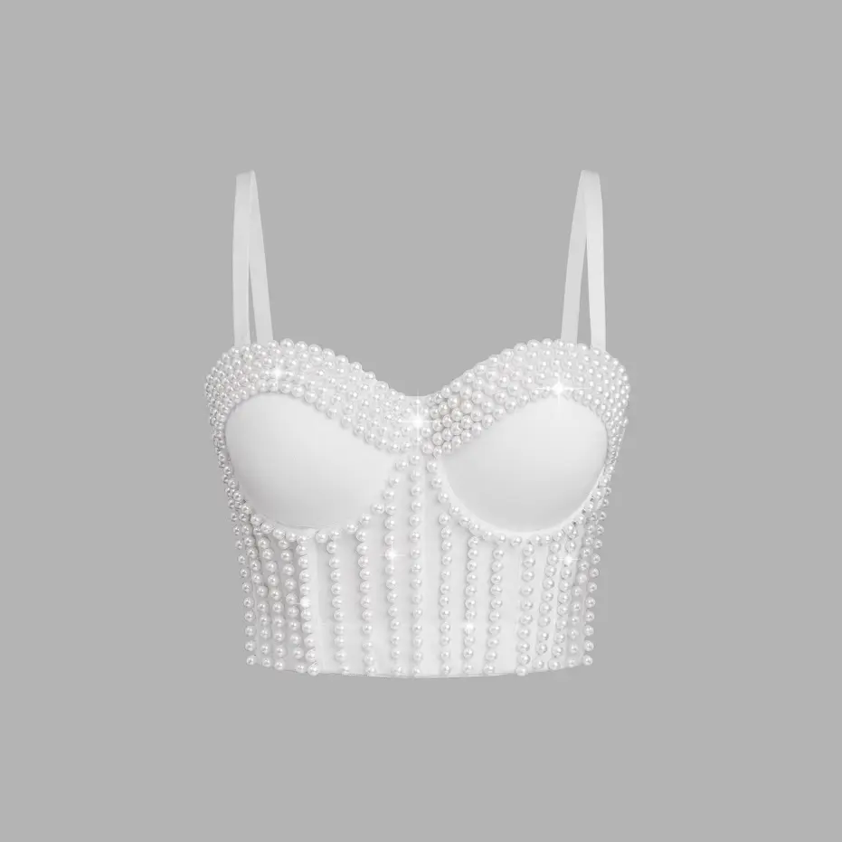 Quality Pearl Tank Tops Lady Corset Rhinestones Charming Bustier Colorful Acrylic Stone Nightclub Party Sexy Female Camis Women Crop Tops Summer Slim-Fitting Sleeveless Spaghetti Strap
